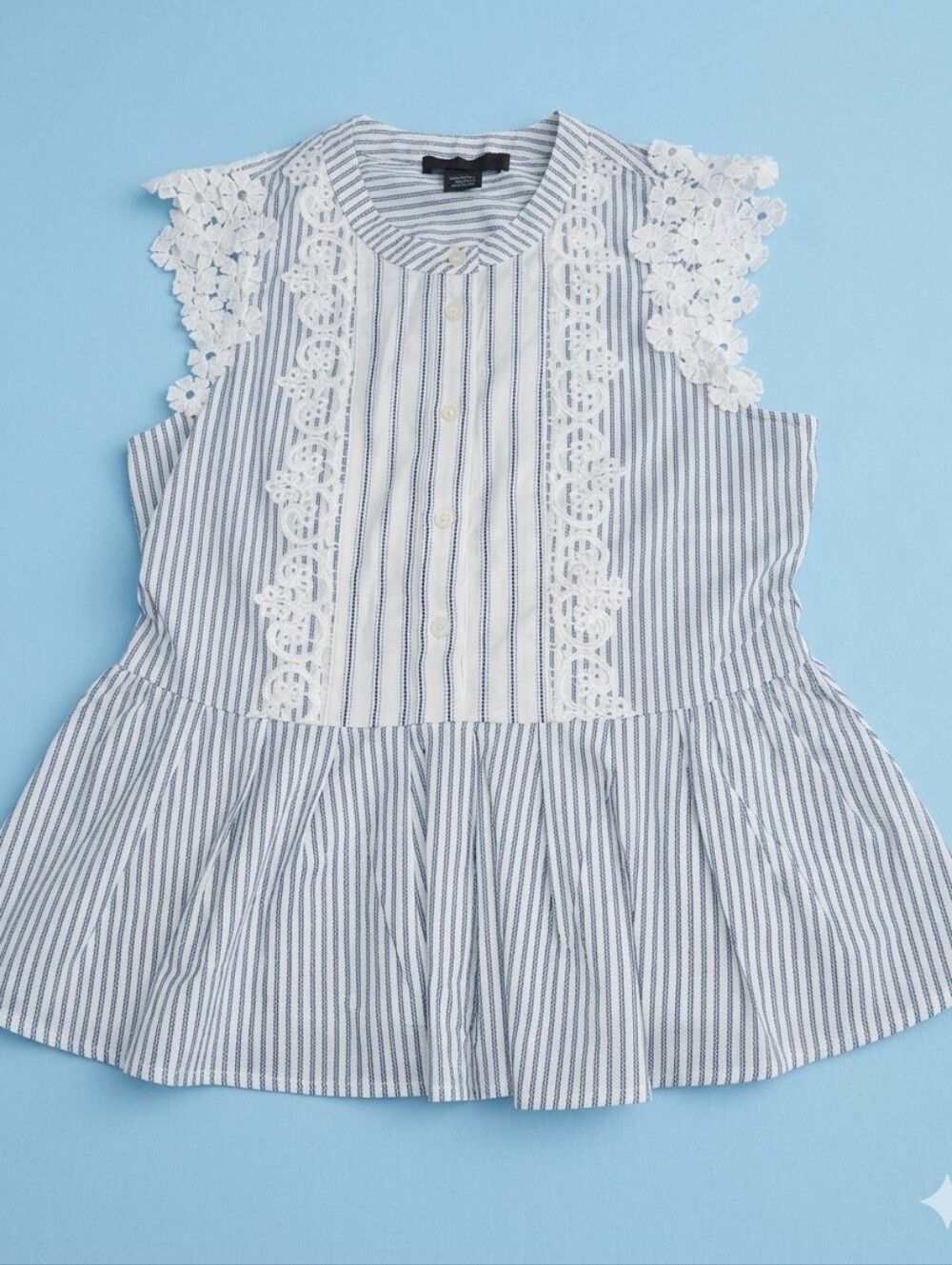 Maison Cinqcent Blue Stripe Lace-Trim Peplum Top - Sz XS